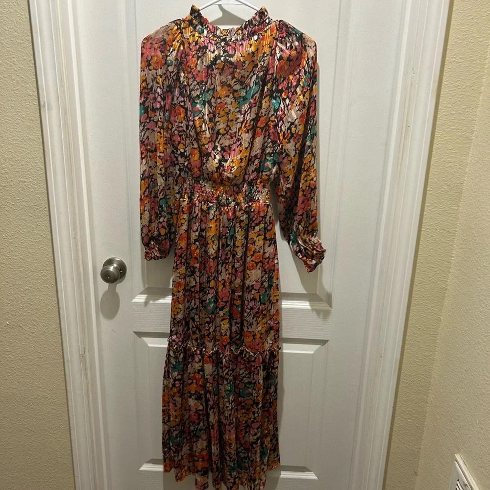 Umgee Women’s Floral Long Sleeve Tie-Neck Dress - Picture 7 of 12